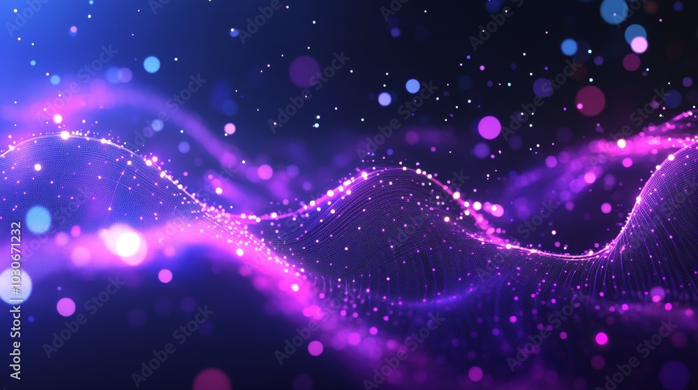 Poster the digital data background is abstract. it is made up of moving dots and a musical stream of sounds