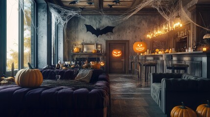 Modern living room transformed for a Halloween party with pumpkins, fake spiders crawling on the walls, and bats hovering near the ceiling. Cobwebs draped over the furniture.