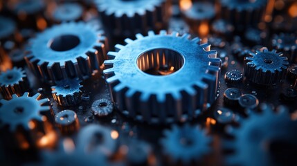 A close-up view of metal gears highlights intricate mechanisms, emphasizing the role of machinery mechanics and teamwork in enhancing productivity in industrial settings