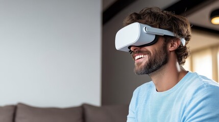 Man enjoying VR headset, immersive technology for gaming and entertainment experience.