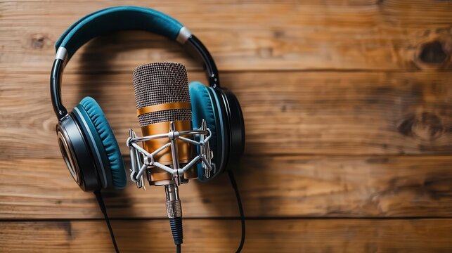 A professional microphone with headphones on a wooden surface, perfect for music production, podcasting, or recording.