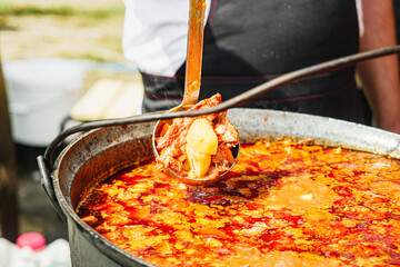 Traditional Hungarian Goulash: Hearty Soup with Meat and Vegetables at a Vibrant Street Food Festival