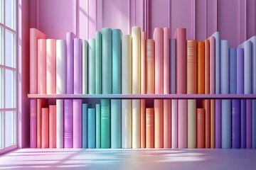 Obraz premium Pastel colored books on a shelf by the window