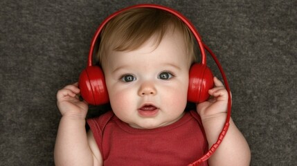 Adorable baby wearing red headphones, enjoying music with curiosity and joy. A perfect image for family and parenting themes.