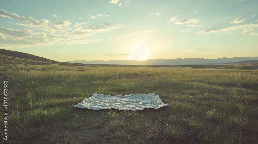 Poster 49. a wide open field with a single, empty picnic blanket