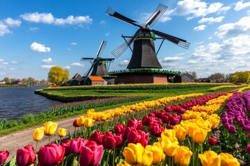 Dutch windmills surrounded by blooming tulip fields in spring