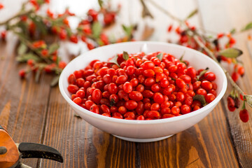 fresh ripe red goji berries in a bowl on a wooden table