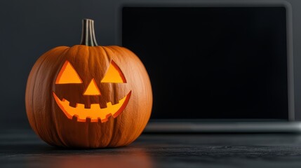Halloween pumpkin with laptop background