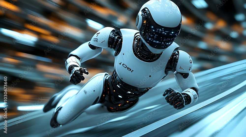 Poster a futuristic robot in motion, showcasing advanced technology.