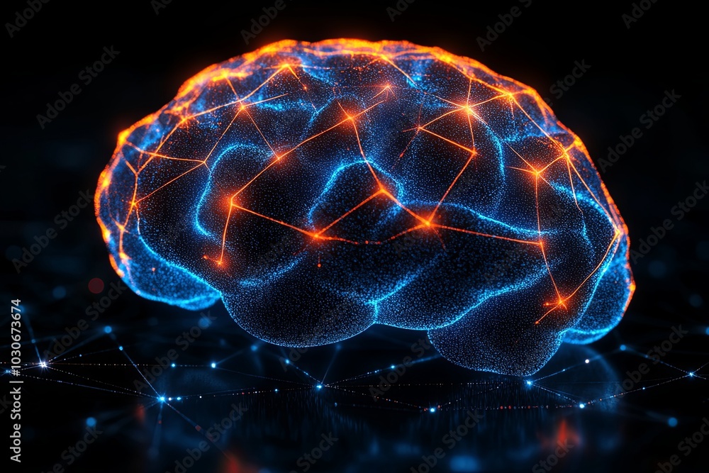 Poster a digital representation of a brain with glowing neural connections on a dark background showcasing 
