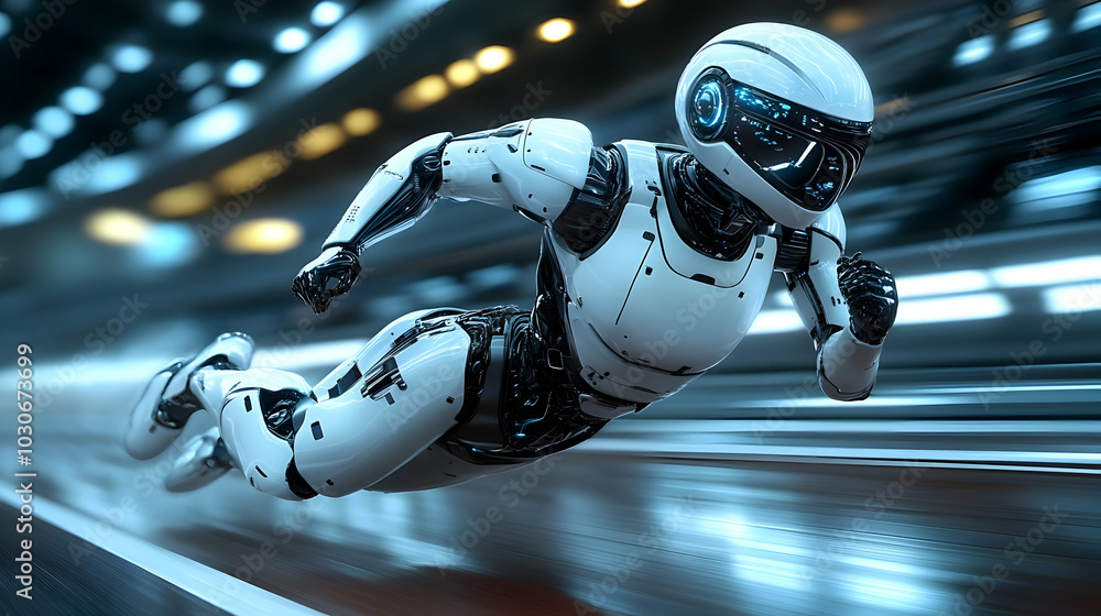 Poster futuristic robot sprinting in a high-speed environment.