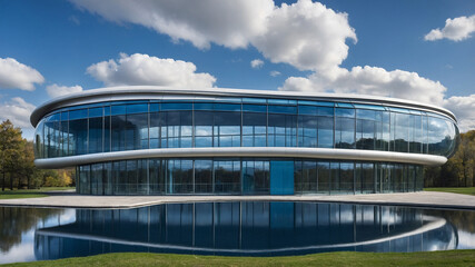 Obraz premium Modern circular glass building showcasing architectural elegance at dusk amidst scenic landscape.