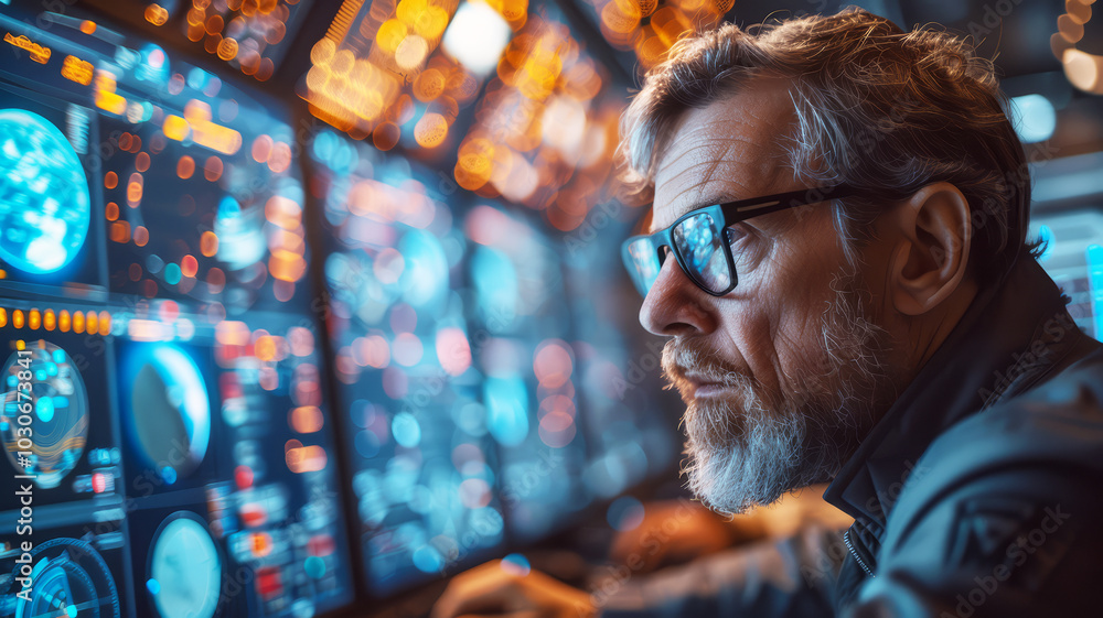 Poster focused scientist analyzing data on high-tech screens in a modern laboratory