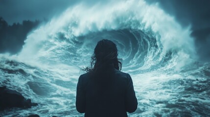 Obraz premium A person stands in front of a huge hurricane, facing the powerful forces of nature, with strong winds and swirling dark clouds above their head. Showcasing the primal power of natural disasters