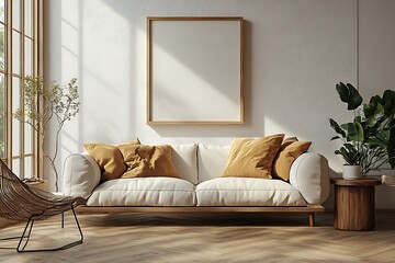 A modern, minimalist living room with a large window and a white sofa.