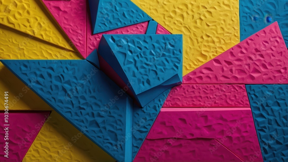 Poster an intriguing display of abstract, colorful geometric shapes arranged in a captivating composition, 