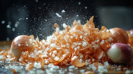 Flying Onion Cloves in Motion with Salt Sprinkles