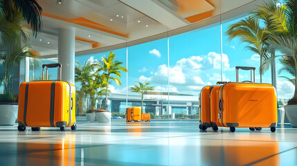 Bright orange luggage in a modern airport setting.