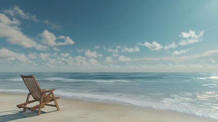 30. A calm beach scene with an empty lounge chair facing the ocean