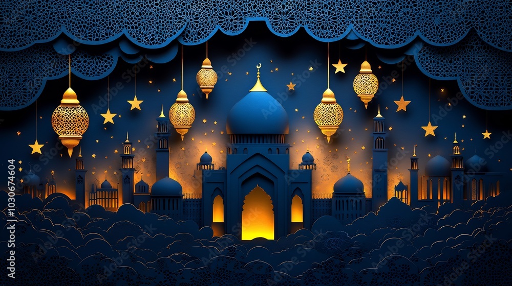 Aufkleber rich dark blue paper cut banner with gold lanterns and stars floating above a mosque silhouette with