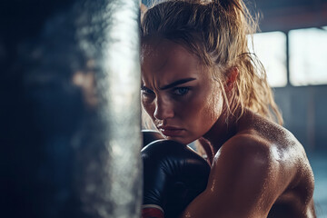 Woman doing boxing training with a coach, intense focus, punching bag in the background, dynamic motion, high energy.