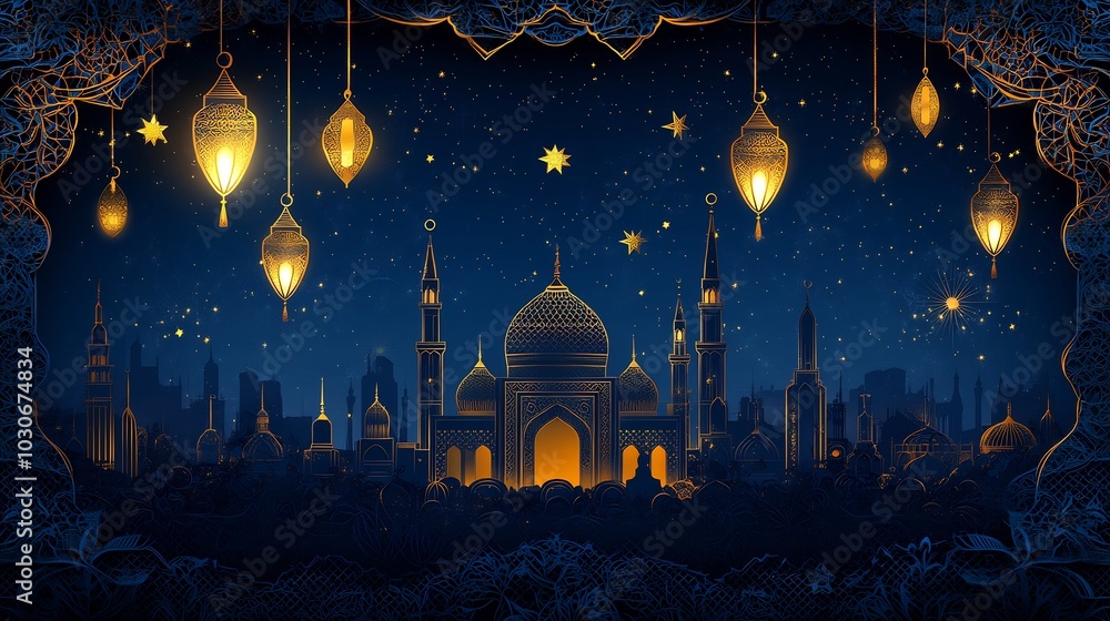 Aufkleber rich dark blue paper cut banner with gold lanterns and stars floating above a mosque silhouette with