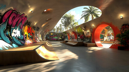 Modern skatepark featuring graffiti art and vibrant design.