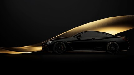 Elegant gold and black background, designed for the upcoming launch page of a premium car sales website, featuring a car cleverly concealed by an arc