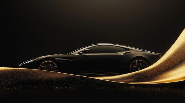 Elegant gold and black background, designed for the upcoming launch page of a premium car sales website, featuring a car cleverly concealed by an arc