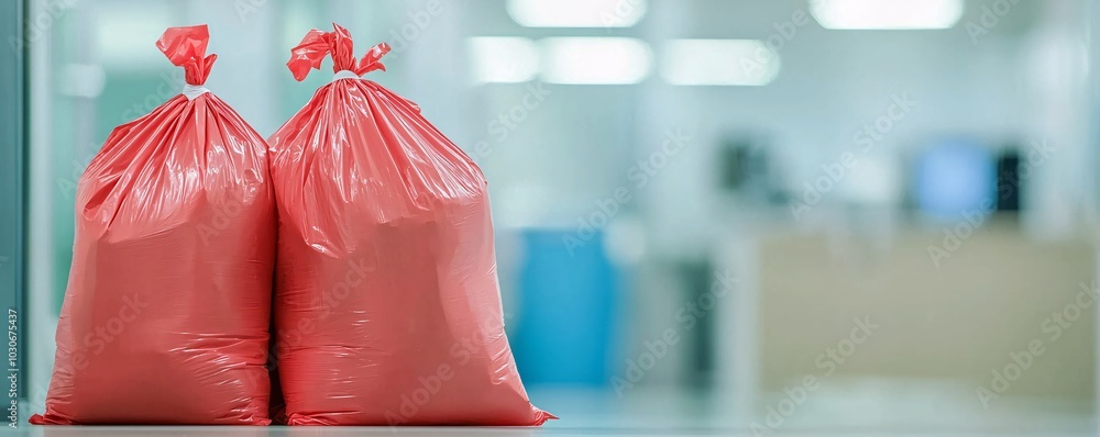 Poster hospital disposal bin overflowing with biohazard bags and sharp objects - urgent need for control an
