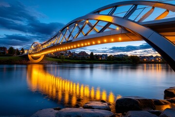 Naklejka premium Futuristic pedestrian bridge with LED lights, glowing over a calm river