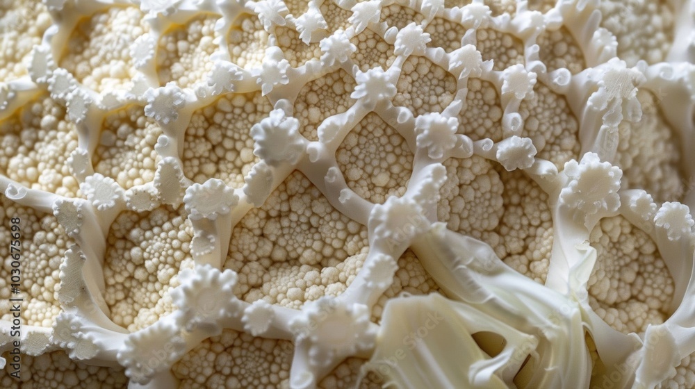 Poster the intricate lacy pattern on the surface of a cauliflower head made up of countless tiny white flor