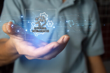Ai tech, businessman show virtual graphic Global Internet connect Chatgpt Chat with AI, Artificial...