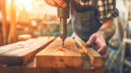 Hands using drill on wooden planks in warm, sunlit workshop, capturing essence of craftsmanship and DIY projects. Concept emphasizes woodworking, handmade creations, and artisanal skills