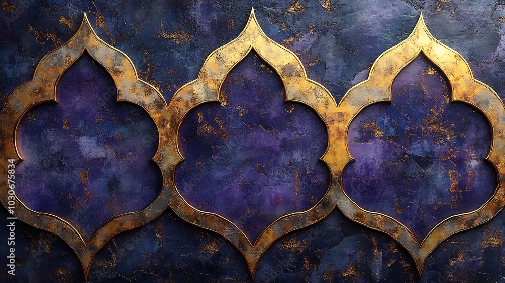 Poster rich purple and gold geometric pattern with 3d islamic shapes creating a layered textured background