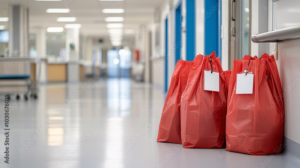Poster overflowing biohazard bin in healthcare setting - contamination risk and control failure highlighted