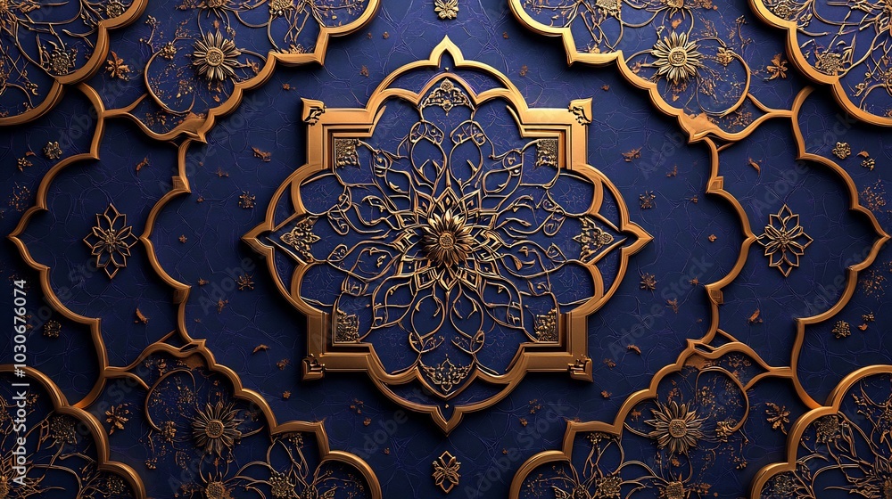 Poster rich purple and gold geometric pattern with 3d islamic shapes creating a layered textured background
