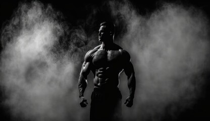 Fototapeta premium Fitness bodybuilder dark and mysterious atmosphere muscular man silhouette surrounded by smoke creates strength and masculinity in his body