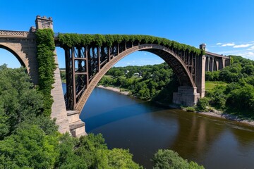 Fototapeta premium Gothic bridge covered in creeping vines, standing over a shadowed river