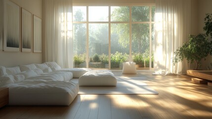 The living room features minimalist furniture, large windows, and natural light