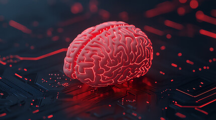 Fototapeta premium A digital illustration of a glowing red brain over a circuit board, symbolizing artificial intelligence and innovation in technology. Ideal for themes of neuroscience and tech.