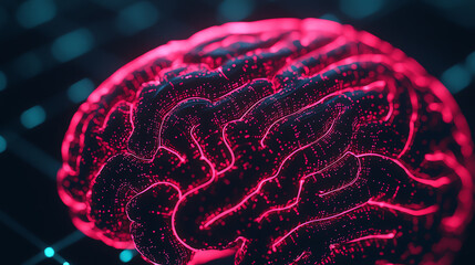 A detailed view of a digital brain representation, illuminated in vibrant pink against a dark background, showcasing neural connections and patterns, symbolizing technology and int