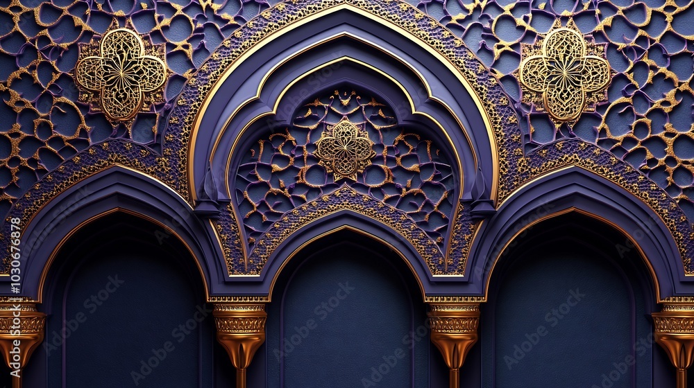 Poster rich purple and gold geometric pattern with 3d islamic shapes creating a layered textured background