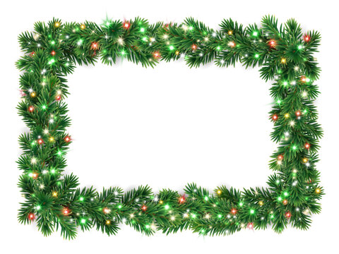 Christmas wreath with glowing Christmas lights. Christmas tree decoration. Holiday fir tree garland. Festive winter season frame, realistic spruce branches. Transparent background in vector file.