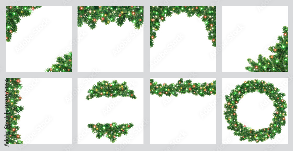 Wall mural Christmas tree decoration. Holiday garland, festive corner, Christmas wreath. Frame, branch with Christmas lights. Square format for social media. Transparent background in vector file.