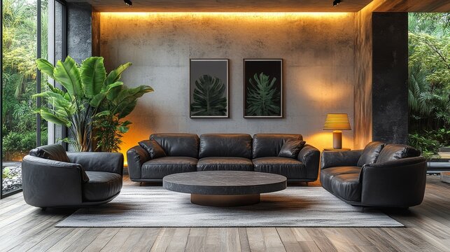Fototapeta This contemporary living room features a black leather sofa set with armchair and coffee table to provide comfortable seating.