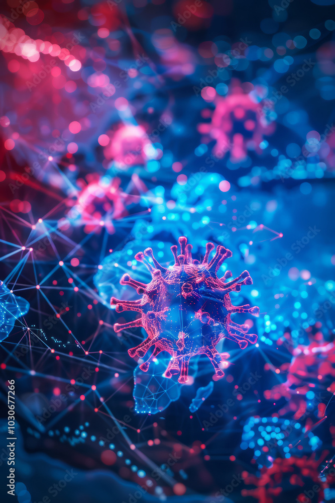 Poster vibrant viral structure with network connections in futuristic setting