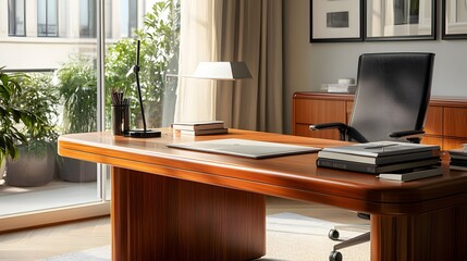 33. A polished wooden desk in an organized office space