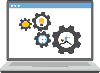 Businessman running in gear cogs to spin time and money gears in smartphone . Success long term investment. Modern vector illustration in flat style

