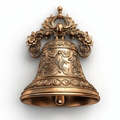 Ornate vintage brass bell with floral designs on white background for indoor decoration